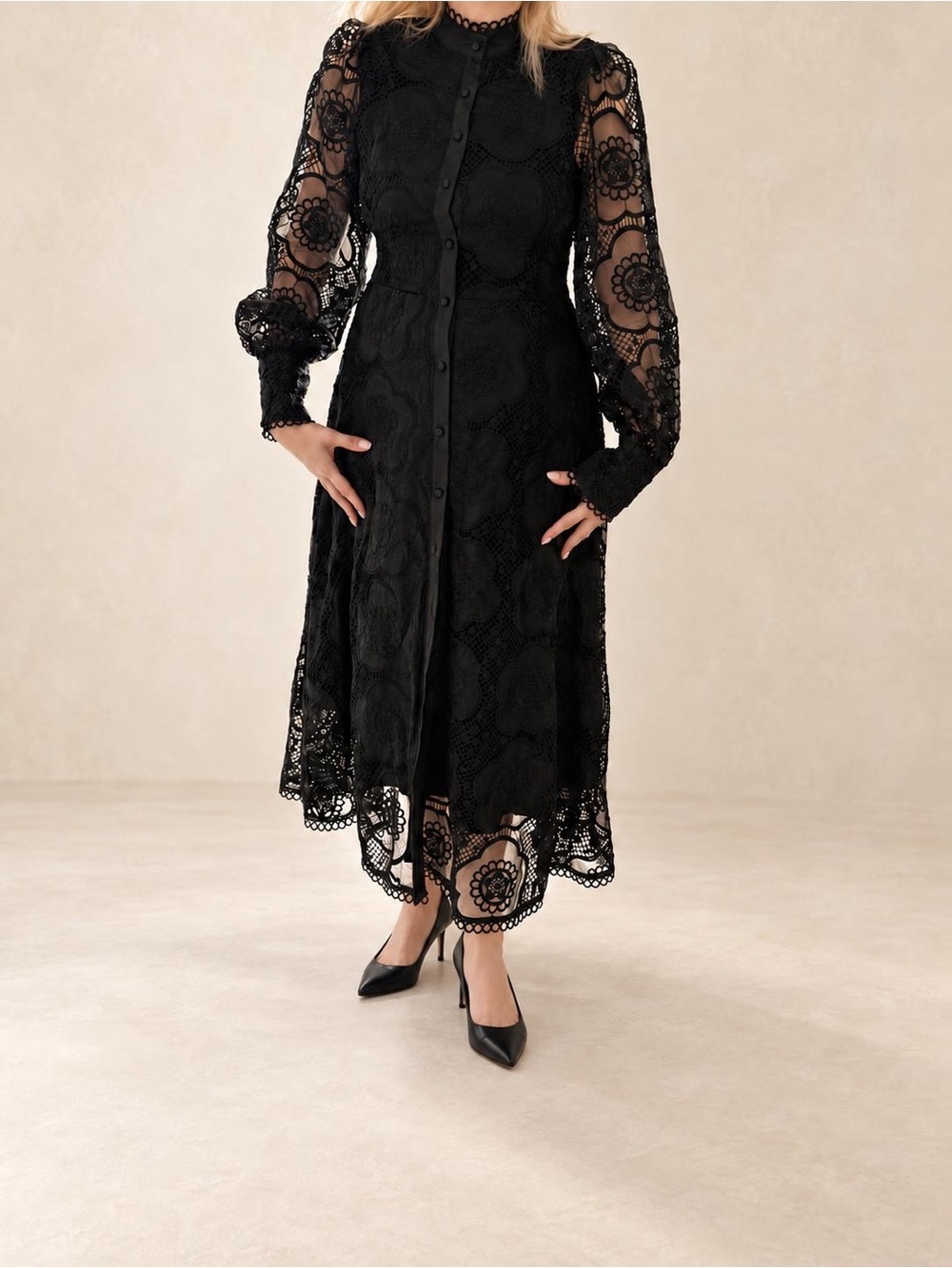 Anthropologie Black Floral Lace Maxi Dress